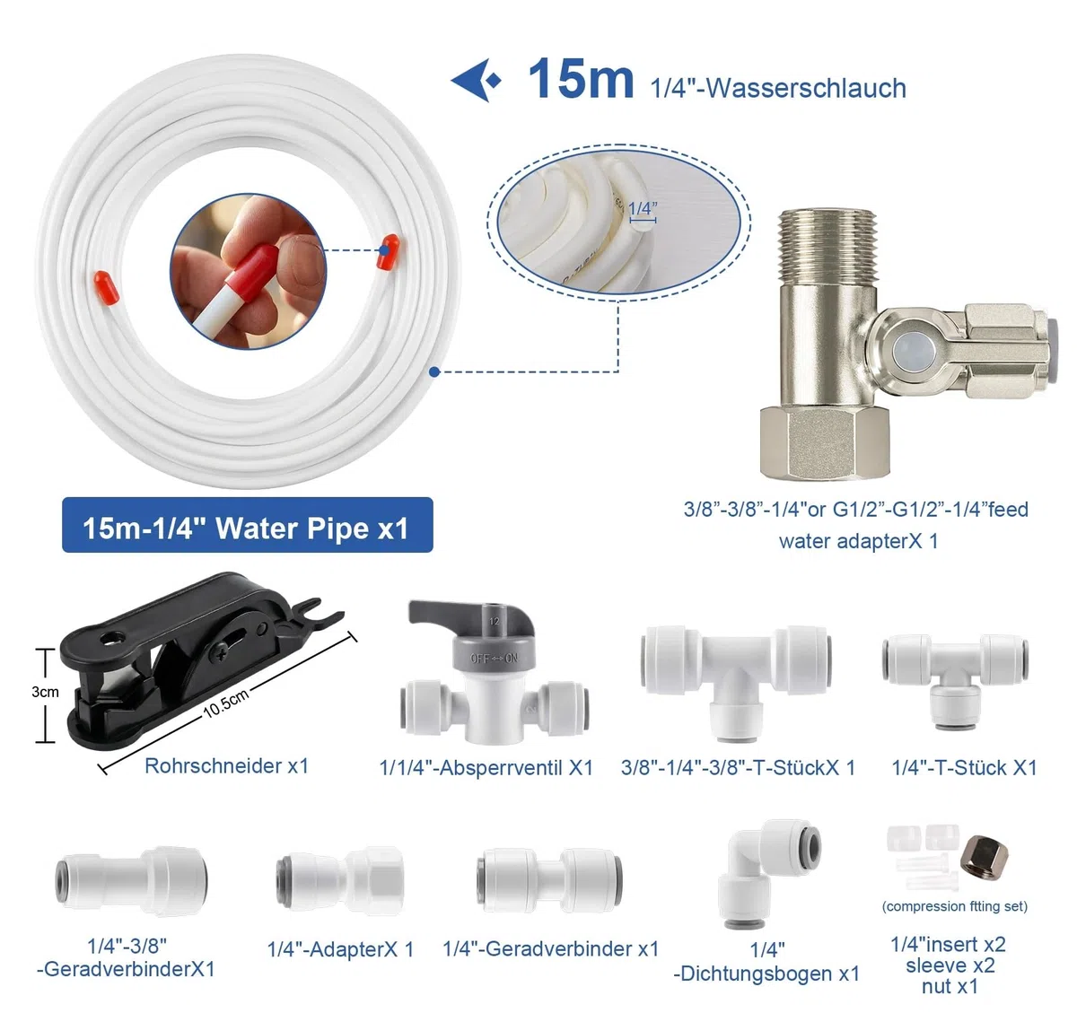 ilauke Tubo de Suministro de agua de 15m,Kit de Conexión Universal para Manguera de Suministro de Agua 1/4" con Kit de Accesorios de Conector para Frigoríficos Samsung de Estilo Americano