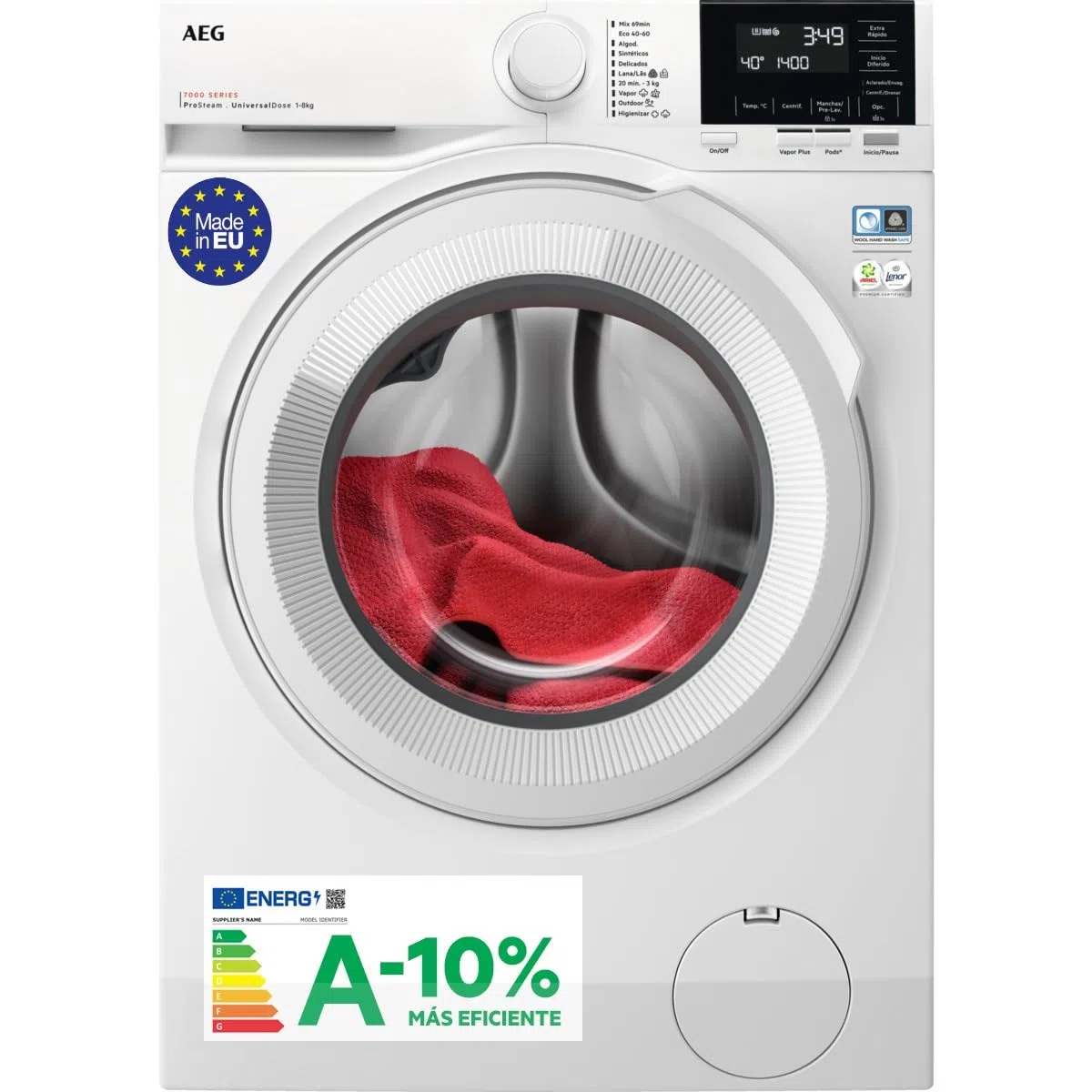 AEG LFR7184N2V, Lavadora de Carga Frontal 8 Kg, 1400 rpm, Libre Instalación, Función Vapor, Lavado Rápido, Cajón Universal, Motor Inverter, Display LCD/LED, Serie 7000, Blanca, Clase A