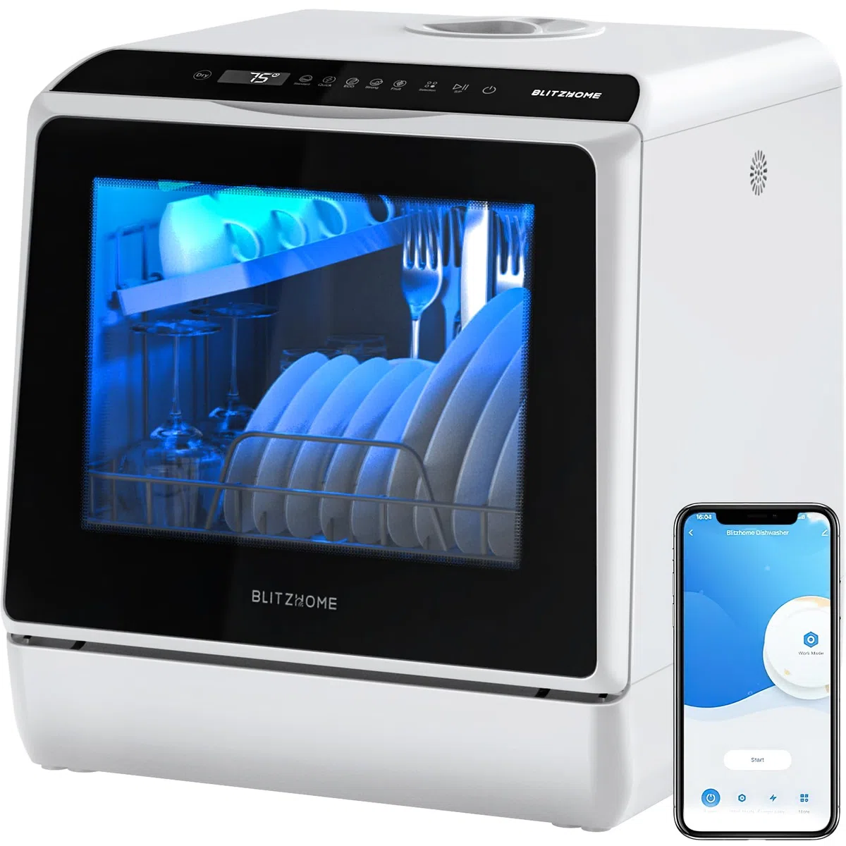 Mini Lavavajillas, BLITZHOME BH-CDW1 Lavavajillas Pequeño Portátil Control Smart App, 6 Programas, 5L Tanque de Agua,2 Modos de Suministro de Agua, Lavavajillas Compacto para Cocina Oficina RV Cámping