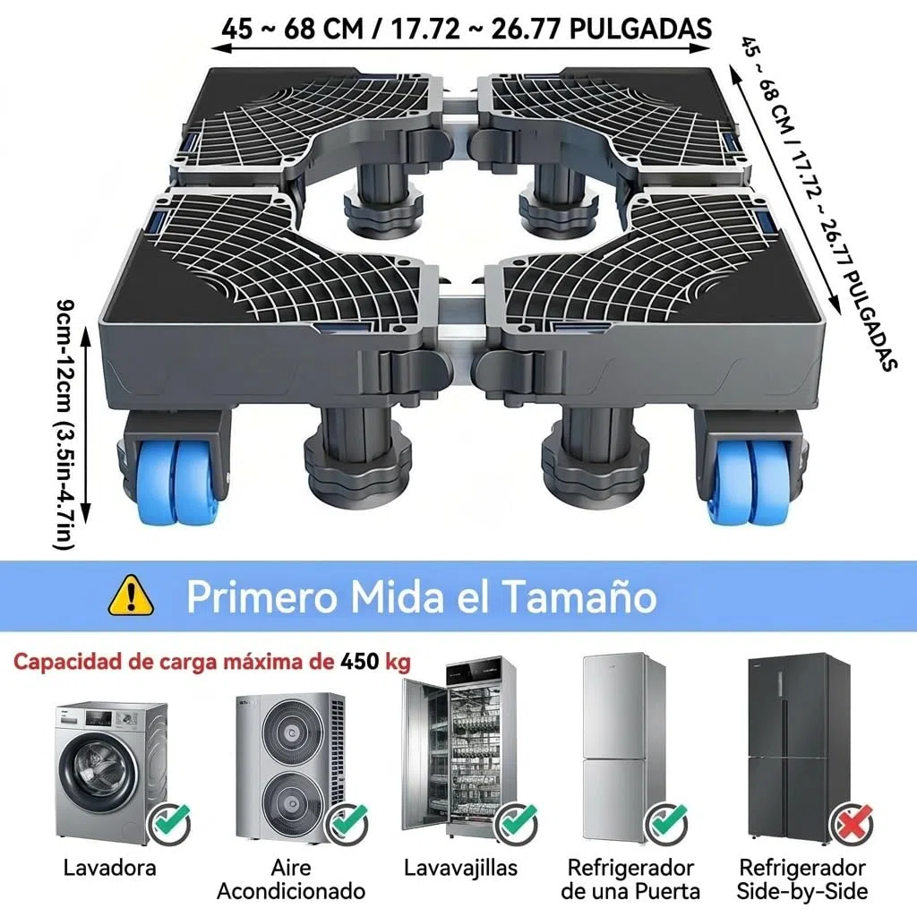 Base Lavadora EXTRA FUERTE, Base para Lavadora con 8 Patas Regulables, Soporte para Electrodomésticos Pesados, Carga 450 kg [Clase de eficiencia energética A+++]