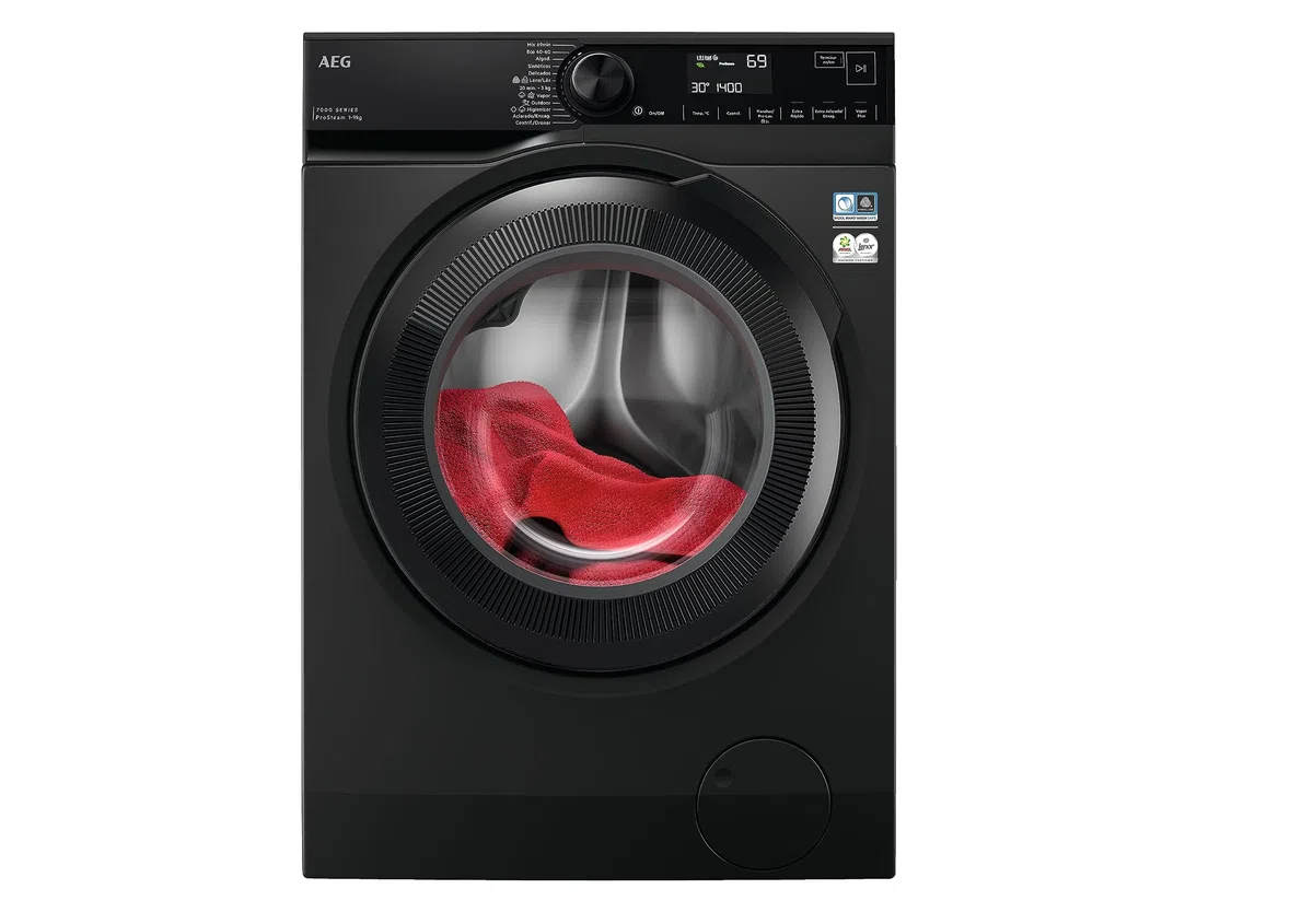 AEG LFR7394V4B Lavadora de Carga Frontal 9 Kg, 1400rpm, Libre Instalación, Motor Inverter, Programa Rápido, Función Vapor, Display LCD XXL, Bloqueo infantil, Negro, Clase A