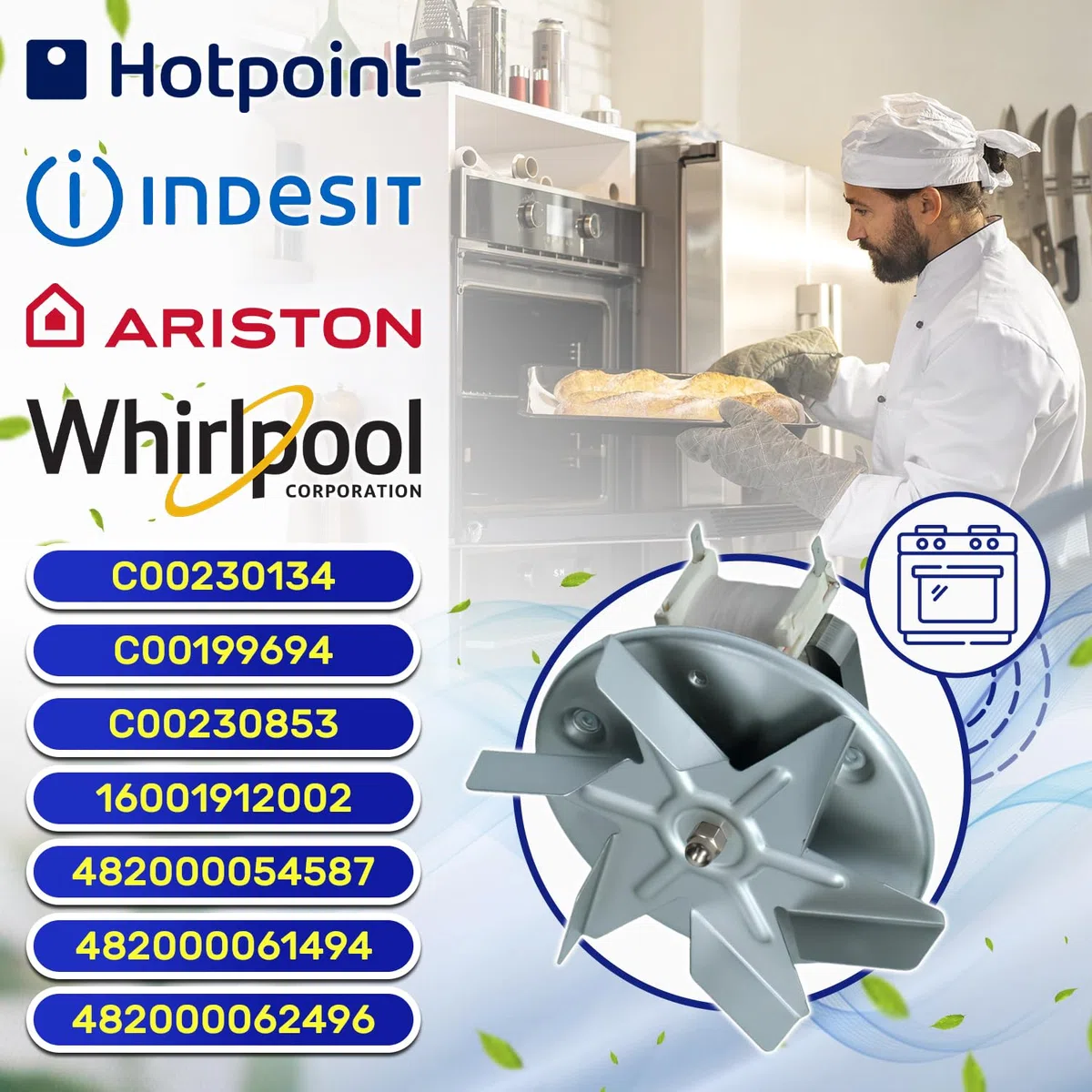Motor Ventilador Horno de Aire Caliente 25W 220/240V 50/60Hz con Código Original C00230134 para Indesit para Hotpoint 482000062496 para Whirlpool - MADE IN EU - Garantía de 10 Años - MONTERAL