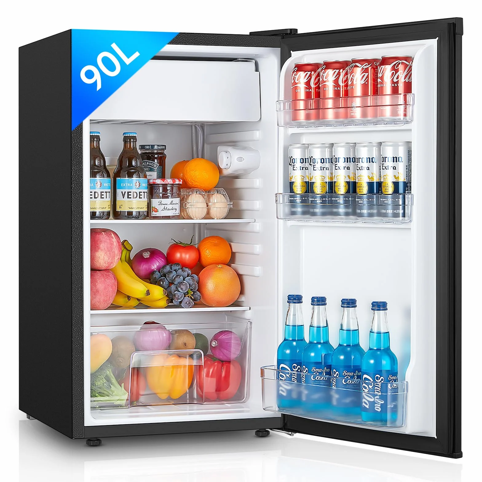 FOHERE Frigorífico con Congelador 90L, Nevera Pequeña Compacta, 7 Temperatura Regulable, 84kWh/año, Eficiencia Energética E, Silencioso, Ideal para Dormitorio, Oficina, Cocina, Caravana y Camping