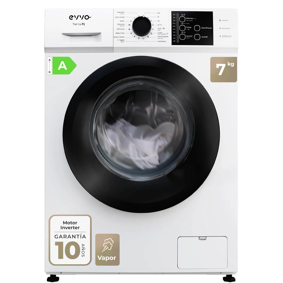 EVVO Lavadora Carga Frontal TERRA K7 - Lavadora Eficiencia Energética A, Motor eDRIVE Inverter, Función Vapor, 1000-1200 RPM, 16 Programas, Lavado Rápido, Limpieza de Tambor, Fondo Estrecho 44 cm