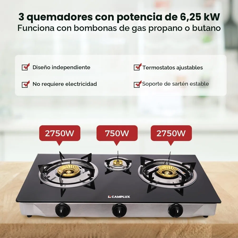 CAMPLUX Explorer Cocina de Gas de 3 Fuegos, 6,25 kW, Butano (28-30mbar) / Propano (37mbar), para Camping, Vanlife y Jardín, TC03GBEU
