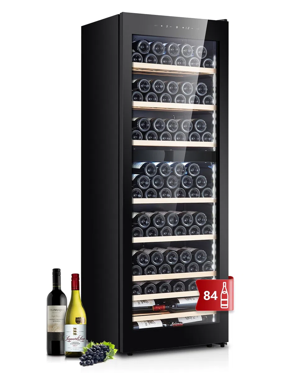 Kalamera KRC-266BFG - Nevera para vino (84 botellas, 266 L, tira de iluminación interior LED, Vinoteca 2 zonas de refrigeración 5-10 °C/10-18 °C, KRC-266BFG