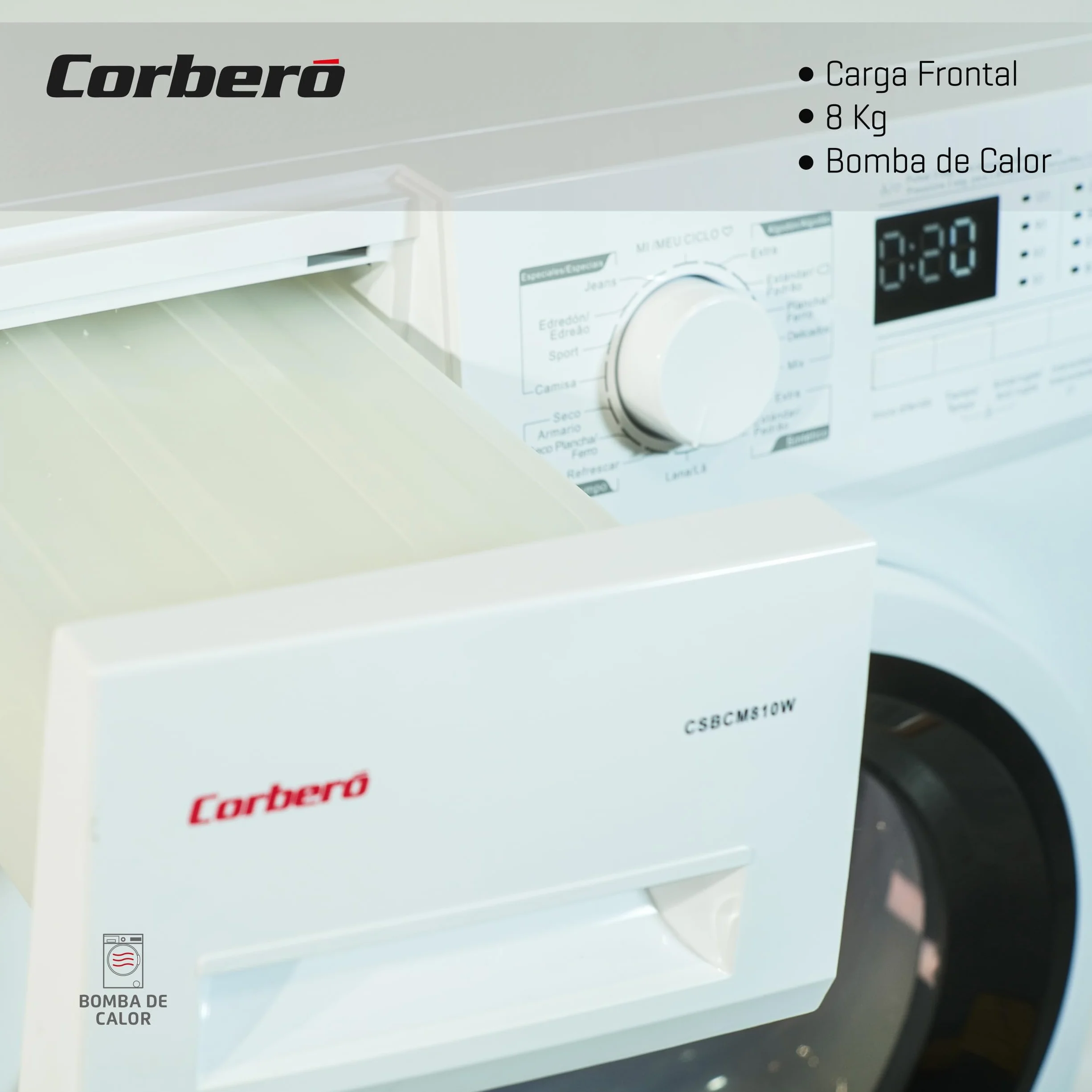 Corberó - Secadora Carga Frontal 8 kg | CSCEM8084W | Condensación | Display LED | 16 Programas | Inicio Diferido | Inicio/Pausa y Antiarrugas | 69dB | E. energética B, Blanco