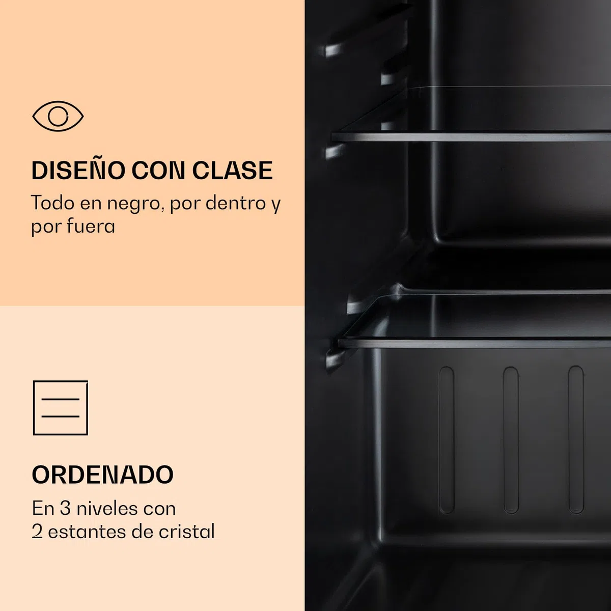 Klarstein Obsidian - nevera, 72 litros de volumen, interior y exterior en negro, 7 niveles de potencia, cajón de verdura, emisión de ruido de 42 dB, negro