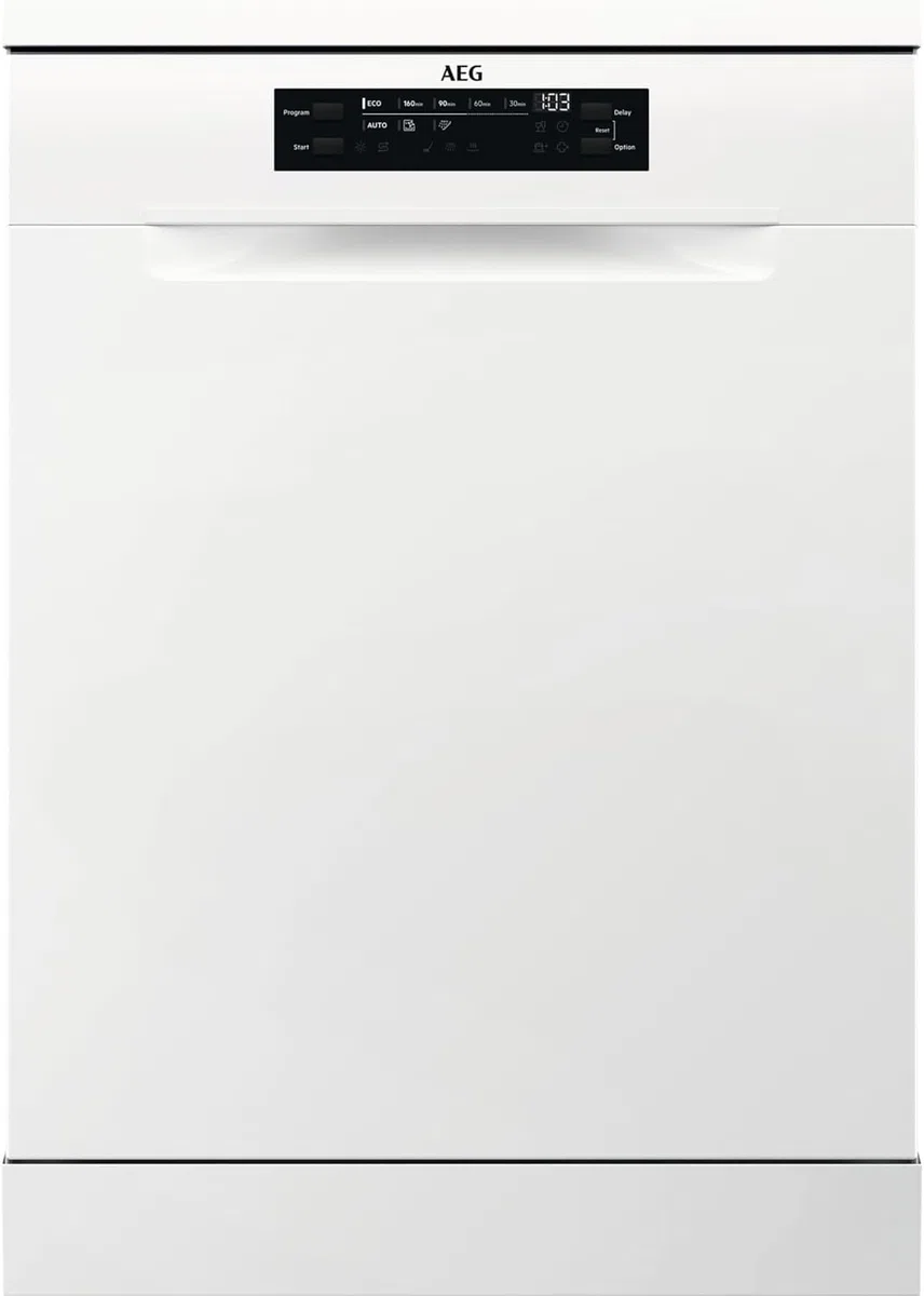 AEG Lavavajillas de 60 cm, FFB64607ZW, 13 cubiertos, Motor Inverter, Libre Instalación, Display LCD 8 Programas, 4 Temperaturas, AirDry Extrahigiene, Serie 6000 SatelliteClean, Blanco